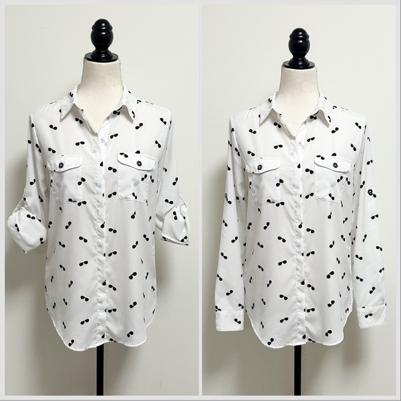 Karl Lagerfeld White Black Sunglasses Roll Tab Sleeve Button Up Collar Blouse XS - Picture 3 of 15
